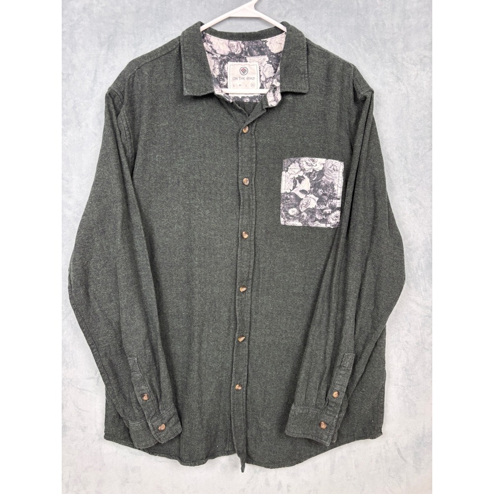 On The Byas Mens XL Green Herringbone Floral Pocket Button Down Shirt Cotton